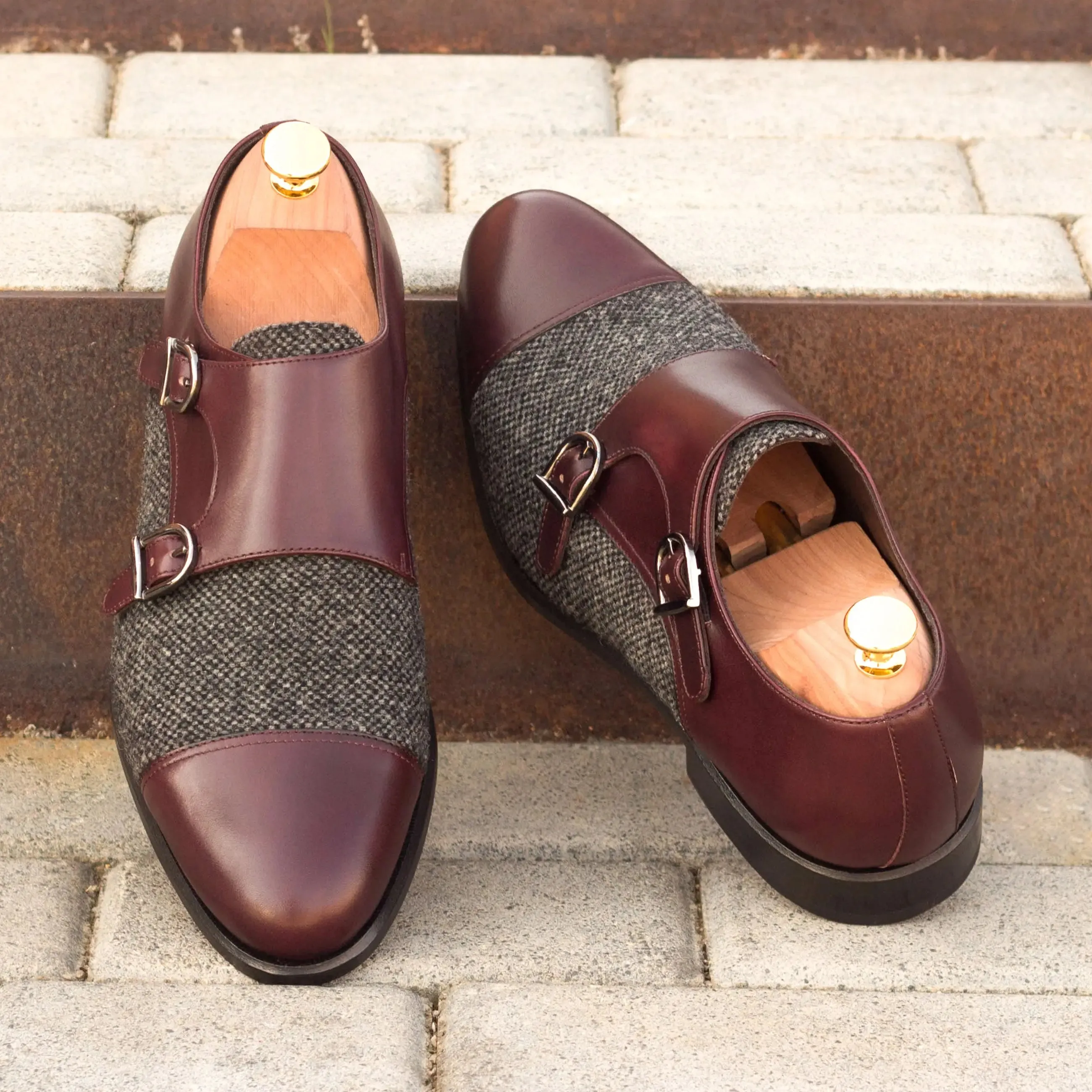 DapperFam Monaco in Burgundy / Nailhead Men's Sartorial & Italian Leather Double Monk